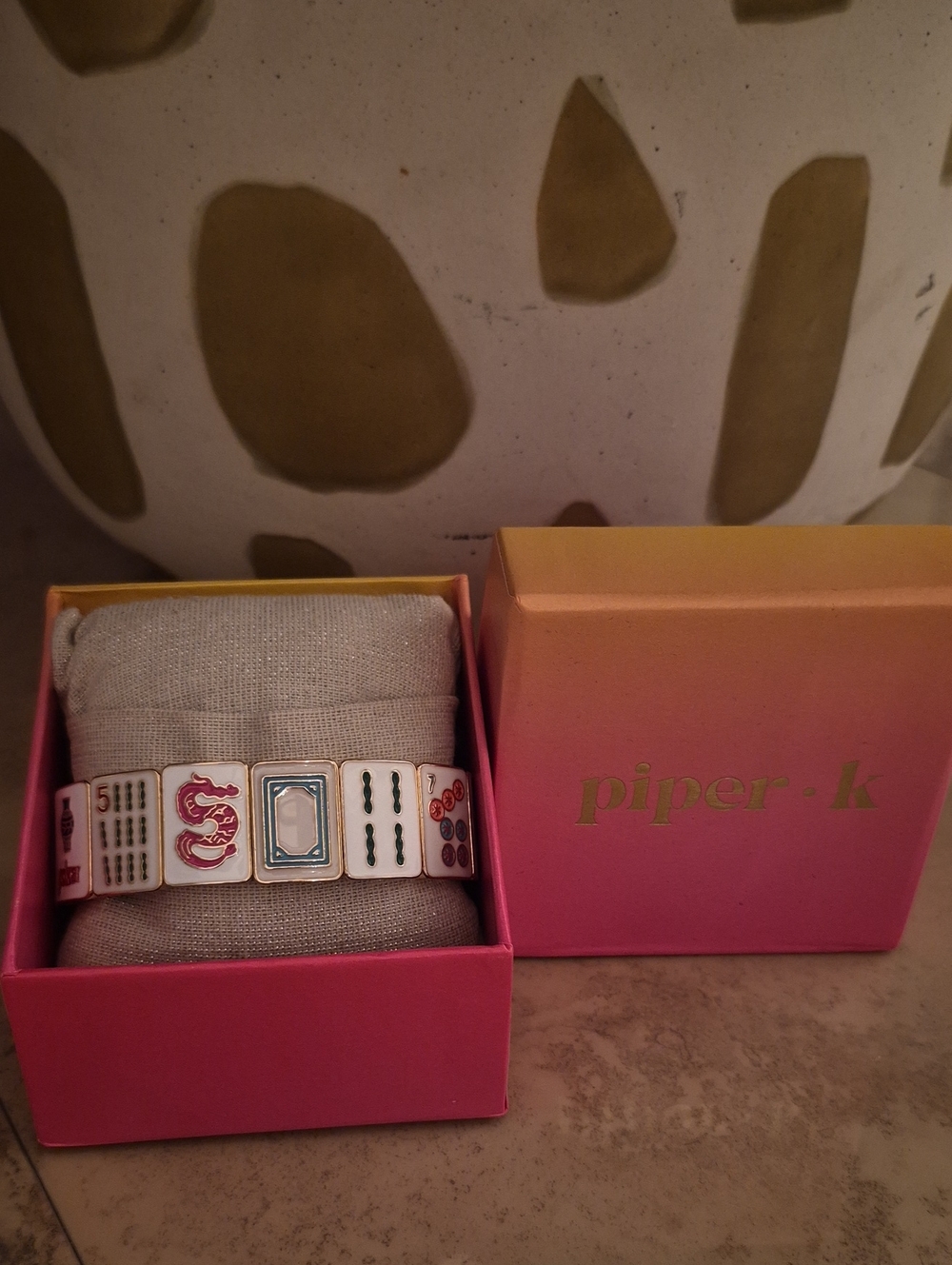 Piper-k White Enamel Mahjong Tile Bracelet with Pink Accents